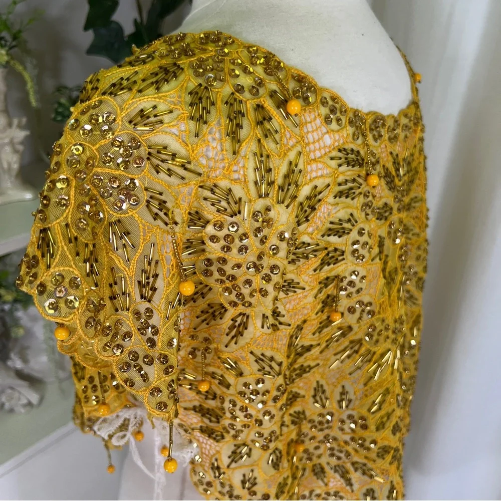 Vintage Funky Yellow Beaded Tie On Top Blouse - Picture 7 of 11